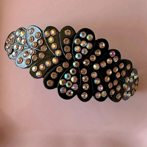 Peach and Aurora Borealis Crystals set in Black Hematite Hair Barrette - Picture 2 of 6